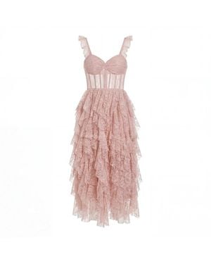 Mac Duggal Lace Bustier Midi Dress With Spiral Ruffles - Pink