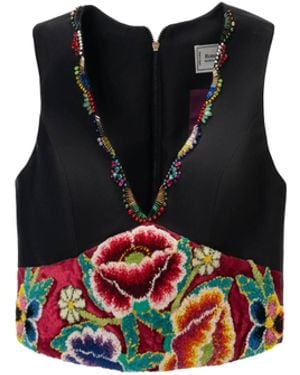 Rondooz Hand Painted Satin Crop Top With Antique French Gobelin Tapestry & Hand Applied Embellishment - Black