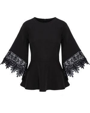 concept A trois Top With Flared Sleeves And Lace Details - Black