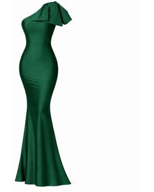 Moda Glam Jersey One-Shoulder Bow Gown- Emerald - Green