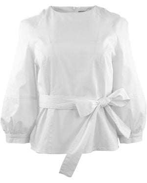 Theo the Label Cotton Belted Balloon-Sleeve Top - White