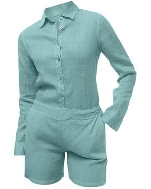 Haris Cotton Linen Long Sleeved Shirt With Darts Crystal - Blue