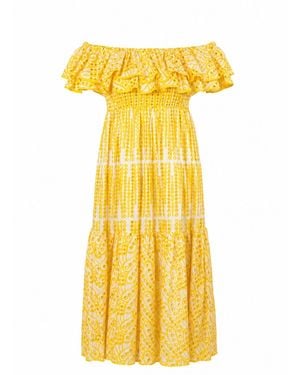AMAANALUX Broderie Anglaise Ruffle Midi Dress - Yellow