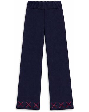 Ren Cordeza Hand Embroidered Sloe Knit Trousers - Blue