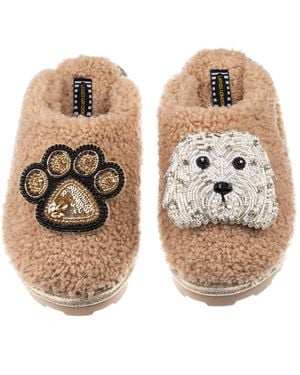 Laines London Teddy Towelling Closed Toe Slippers With Queenie The Bichon Frise & Paw Brooch - Metallic