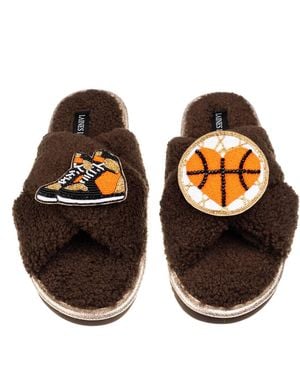 Laines London Neutrals Laines Neutral Boucle Slippers With Basketball Lover Brooches - Orange