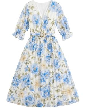 LAtelier London Floral Pleated Midi Dress - Blue