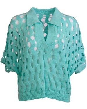 Saachi Knit Cut-Out Collared Aqua Shirt - Blue