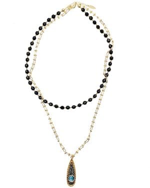 Farra Obsidian And Chain With Pendant Double Layers Necklace - Brown
