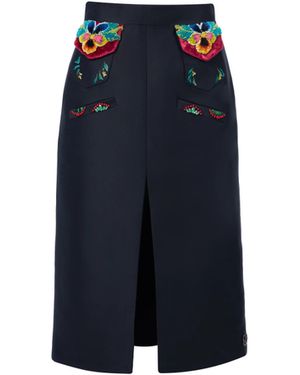 Rondooz Hand Painted Satin Midi Skirt With Antique French Gobelin Tapestry & Hand Applied Embellishment - Blue