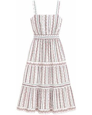 Yumi' Botanical Stripe Midi Dress With Lace Trims - White