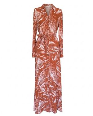 Imaatu Palms Rust Sustainable Viscose Patterned Maxi Shirt Dress With Hidden Pockets - Red