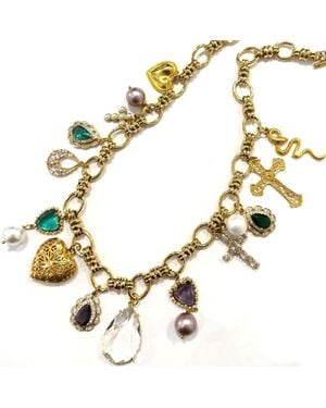 Achala Handcrafted Heart Locket Crystal Charm Chain Necklace - Metallic