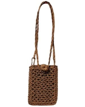Springmoonatelier Knitted Button Raffia Phone Case Bag - Brown
