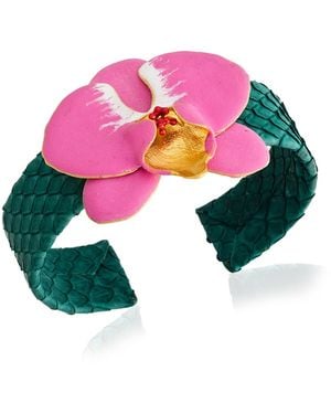 Milou Jewelry Fuchsia Orchid Flower Leather Cuff Bracelet - Green