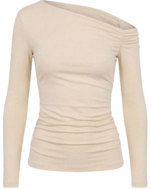 Monlicia Neutrals Asymmetric Off-Shoulder Long Sleeve Stretch Lune Top - Natural