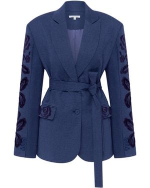 Annabo Velvet Rose Embroidered Wool Blazer – Steel - Blue