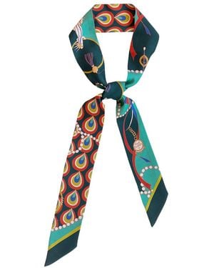 Lost Pattern Peacock Silk Twilly Neck Bow - Green