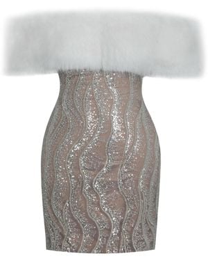 Miss Circle New York Averie Fur Off-Shoulder Sequin Mini Dress - Grey