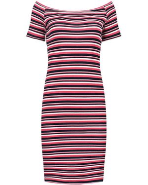 Conquista Striped Off-Shoulder Fitted Viscose Dress - Red