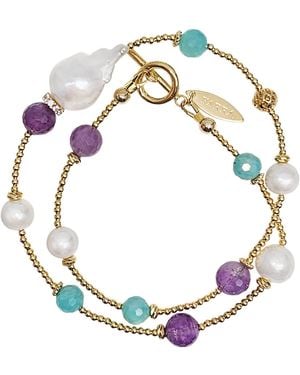Farra Baroque Pearls With Amazonite & Amethyst Double Layers Bracelet Choker - Blue