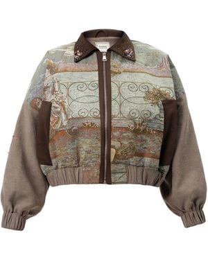 Rondooz Hand Painted Velvet Bomber Jacket With Antique French Gobelin Tapestry & Hand Applied Embellishment - Natural