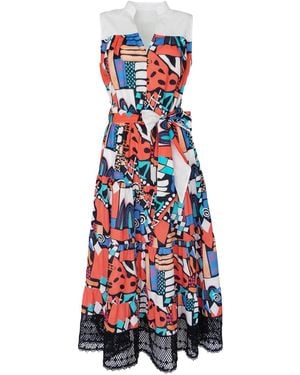 Lalipop Design Long Sleeveless Voile Dress With Black Embroidery Detail - Blue