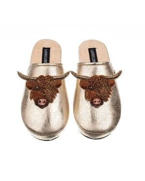 Laines London Softie Slippers With Double Highland Cow Brooches - Metallic