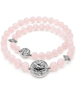 Aurozia Lotus Within Rhodium Plated Sterling Lotus & Fish Coin Double Wrap Rose Quartz Bracelet - Pink