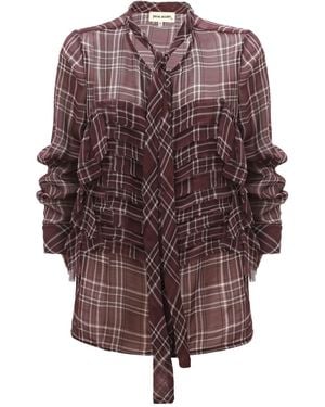 Julia Allert Designer Sheer Plaid Сhiffon Shirt Burgundy - Brown
