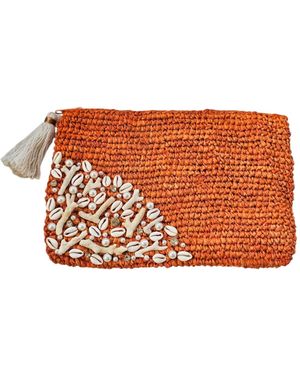 OhSun Coralie Raffia, Shell, And Pearl Clutch - Orange