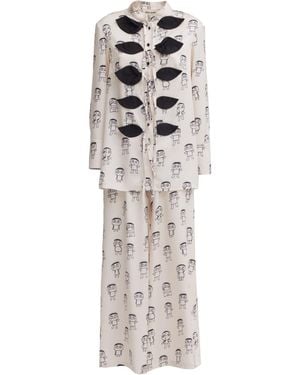 Julia Allert Neutrals Art Print Longline Blouse & Wide-Leg Co-Ord Set – Ivory - Grey