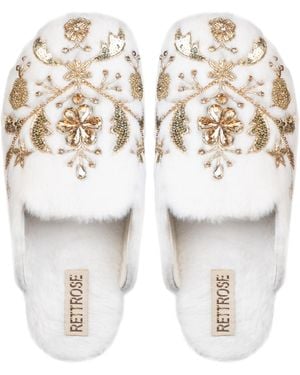 Rettrose Annie Cream Luxury Plush Diamanté Embellished Handmade Slipper - Metallic