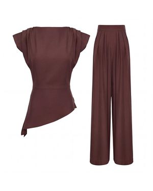 BLUZAT Elegant Fluid Viscose Crepe Set With Structured Shoulder Top And Palazzo Pants - Purple