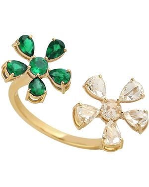Artisan 18 K Yellow Gold Between The Finger Flower Emerald Diamond Ring Jewellery - Metallic