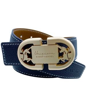 Champagne & Horses Reversible Leather Belt Heritage With Buckle - Blue