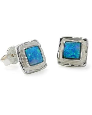 Isla Silver Handmade Sterling Square Fire Opal Stud Earrings - Blue