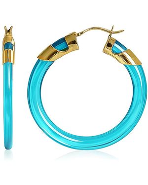 Gold & Honey Aquamarine Classic Flat Lucite Birthstone Hoop Earrings - Blue