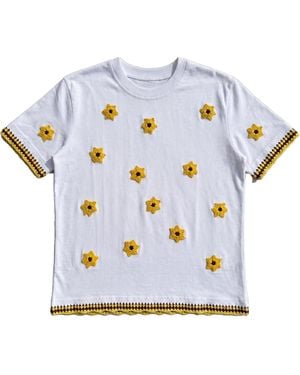 Ana Chic Flower Handmade Crochet Applique Cotton Tee - Blue