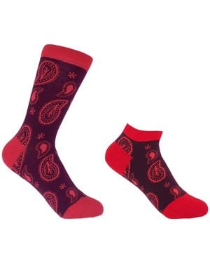 Peper Harow - Made in England Paisley Burgundy Luxury Crew & Trainer Socks Bundle - Red