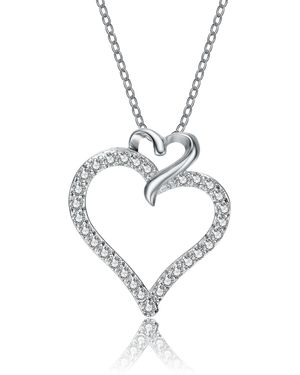 Genevive Jewelry Sterling Plated With Clear Cubic Zirconia Double Heart Pendant Necklace - Metallic