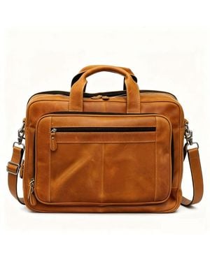 Touri Genuine Leather Briefcase With Luggage Strap - Brown