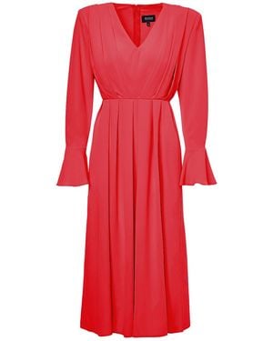 BLUZAT Midi Dress With Pleats And Proeminent Shoulders - Red