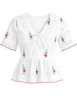 Yumi' Cotton Broderie Anglaise Embroidered Tie Top - White