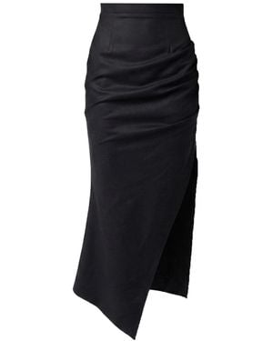 AVENUE No.29 Asymmetric Gathered Wool Midi Skirt - Black