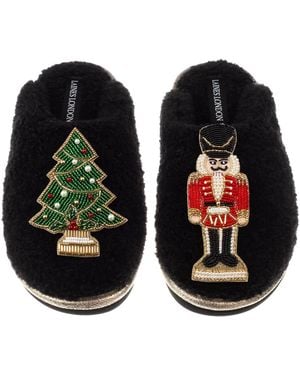 Laines London Teddy Closed Toe Slippers With Christmas Tree & Nutcracker Brooches - Black