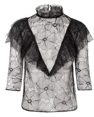 AVENUE No.29 Sheer Floral Lace Ruffle Blouse - Grey