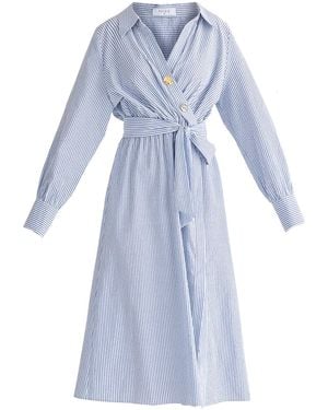 Paisie Wrap Midi Shirt Dress With Metallic Button Details - Blue