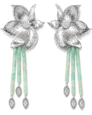 Aurozia Lotus Within Rhodium Plated Detachable Blooming Lotus Drop Amazonite Tassel Earrings - Blue