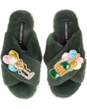 Laines London Classic Laines Slippers With Birthday Bubbles Brooches - Green